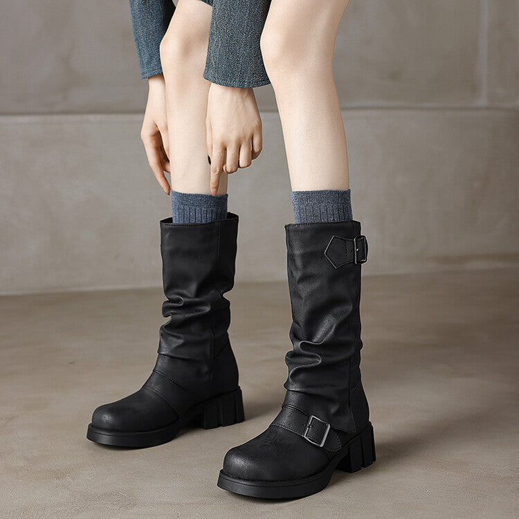 Women's Buckle Strap Low Heel Platform Mid Calf Boots