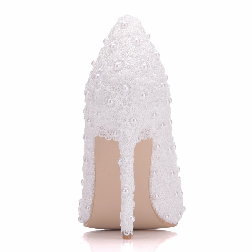 Women Lace Pearls Stiletto Heel Shallow Pointed Toe Bridal Wedding Pumps