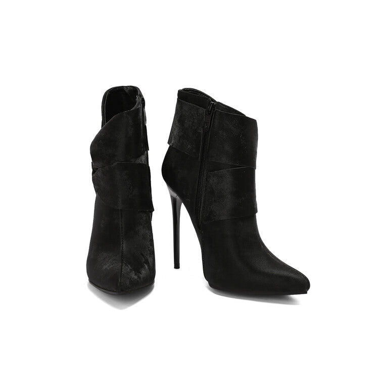 Women's Pleated Pointed Toe Thin Heel Ankle Boots