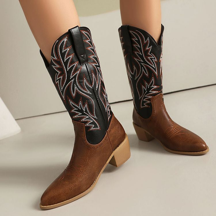 Women's Embroider Pointed Toe Low Heel Mid Calf Western Boots
