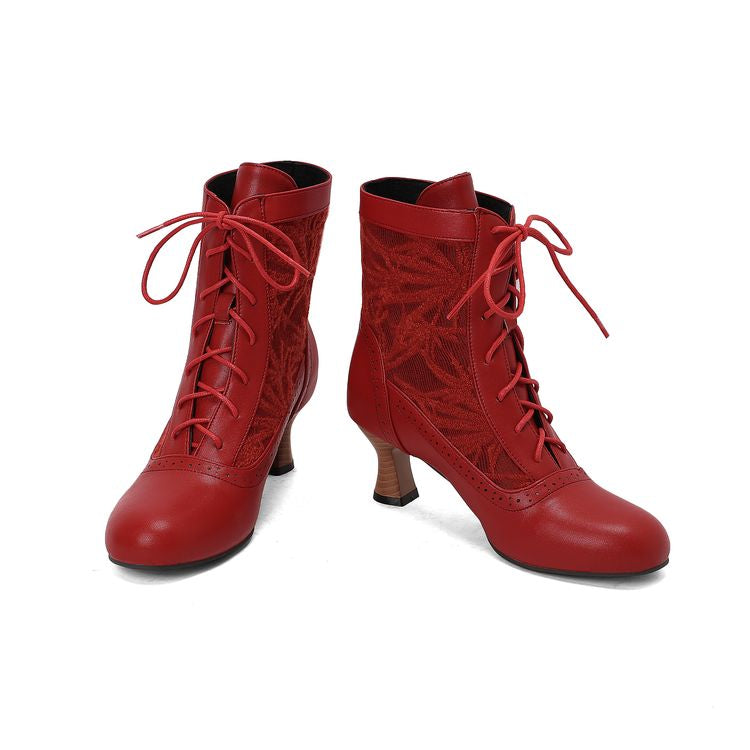 Women's Embroider Lace-Up Round Toe Hoof Heel Ankle Boots