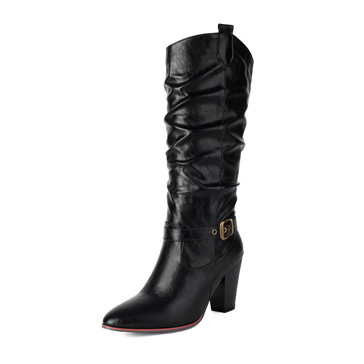 Women's Buckle Strap Pointed Toe Block Heel Knee High Western Boots