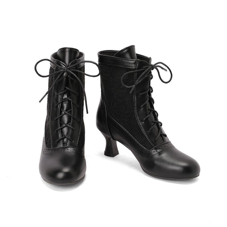 Women's Embroider Lace-Up Round Toe Hoof Heel Ankle Boots