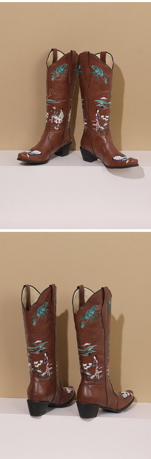 Women's Printed Embroider Block Heel Western Boots