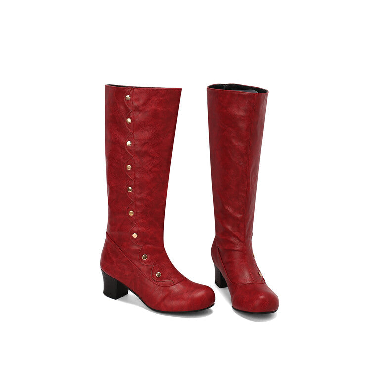 Women's Ruffles Rivets Round Toe Block Heel Knee High Boots
