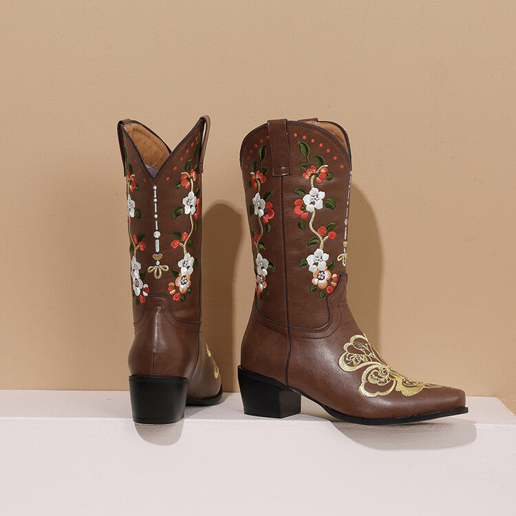 Women's Flowers Embroider Block Heel Western Boots