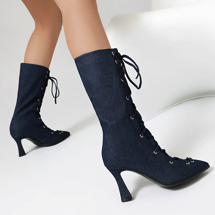 Women's Denim Cross Straps High Heel Mid Calf Boots