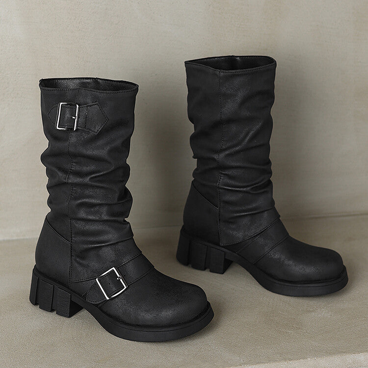 Women's Buckle Strap Low Heel Platform Mid Calf Boots