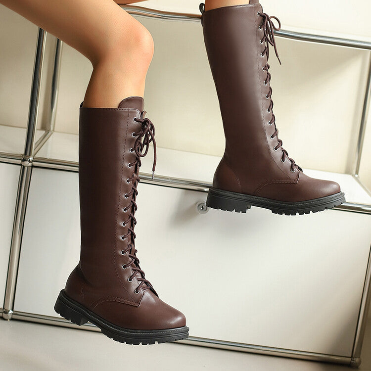 Women's Lace-Up Round Toe Flat Platform Knee High Boots