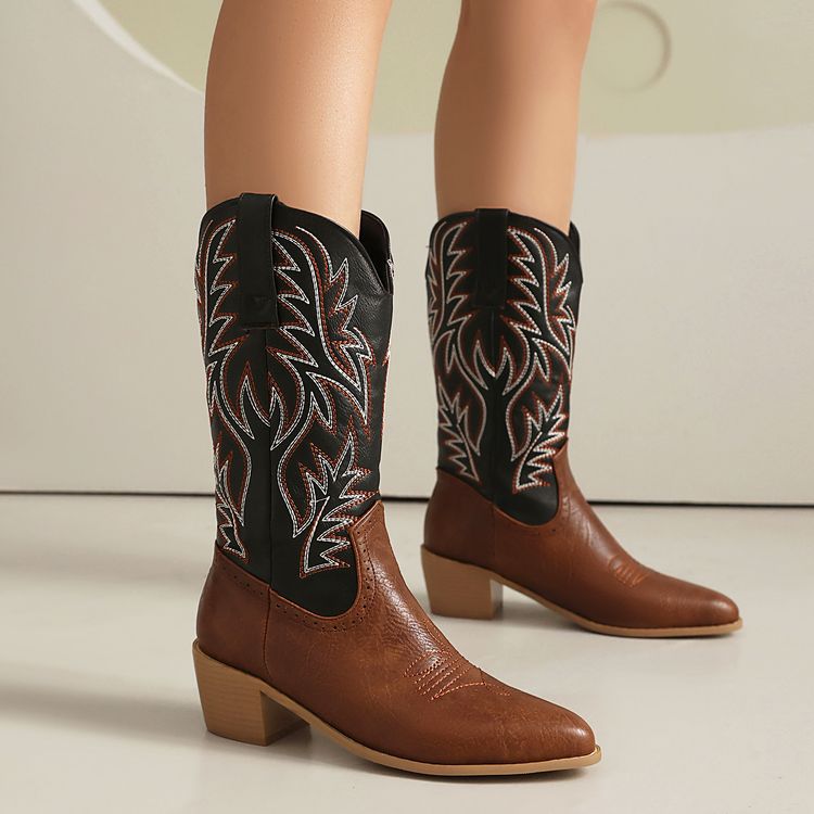 Women's Embroider Pointed Toe Low Heel Mid Calf Western Boots