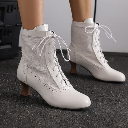 Women's Embroider Lace-Up Round Toe Hoof Heel Ankle Boots