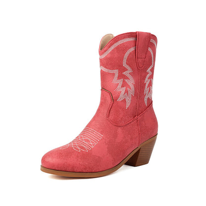 Women's Embroider Round Toe Block Heel Western Boots