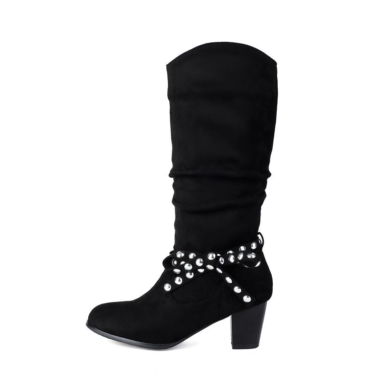 Women's Studded Round Toe High Heel Mid Calf Boots