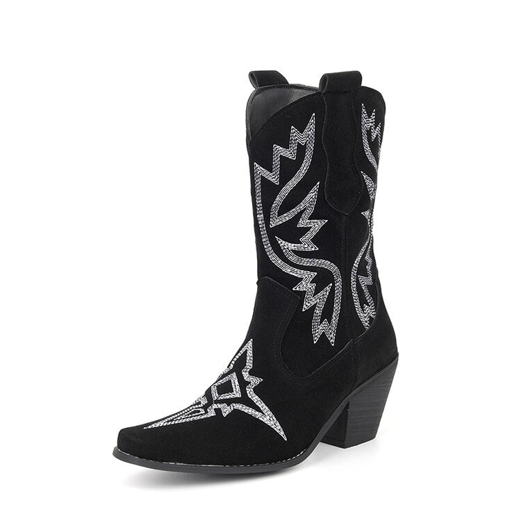 Women's Embroider Square Toe Block Heel Mid Calf Western Boots