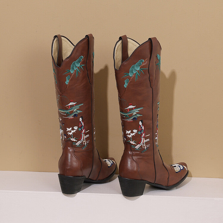 Women's Printed Embroider Block Heel Western Boots