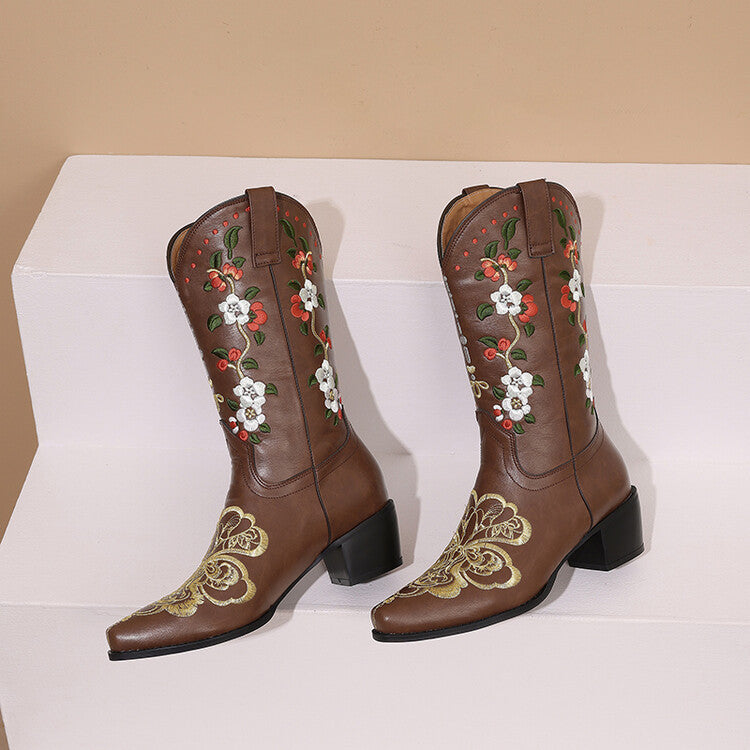 Women's Flowers Embroider Block Heel Western Boots