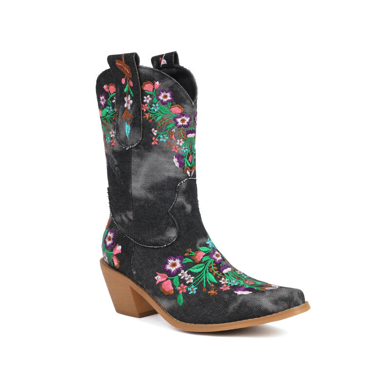 Women's Embroider Square Toe Block Heel Mid Calf Western Boots
