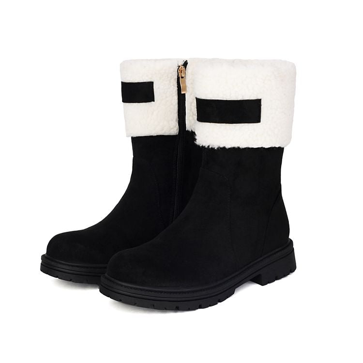 Women's Patchwork Plush Flat Mid Calf Snow Boots