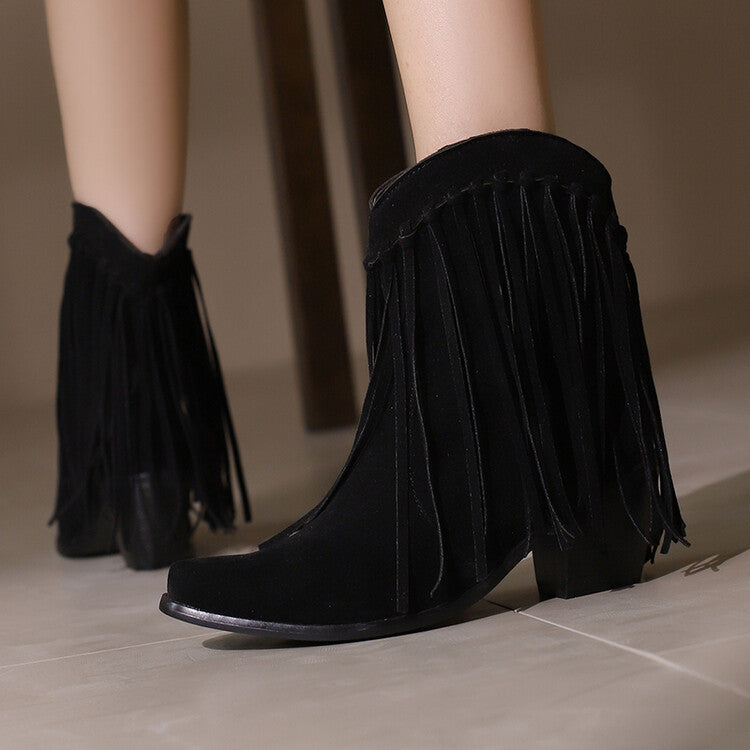 Women's Tassel Pointed Toe Block Heel Short Boots