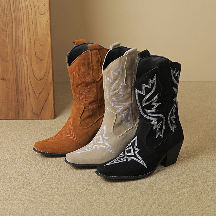 Women's Embroider Square Toe Block Heel Mid Calf Western Boots