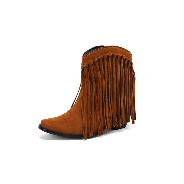 Women's Tassel Pointed Toe Block Heel Short Boots