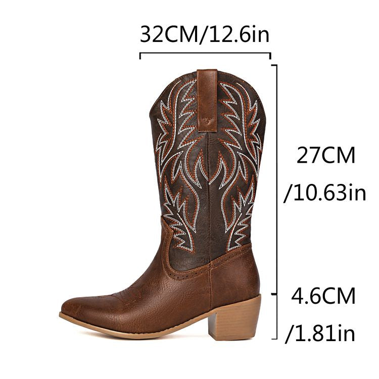 Women's Embroider Pointed Toe Low Heel Mid Calf Western Boots