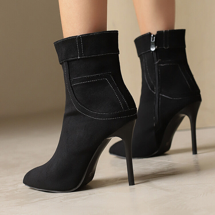 Women's Patchwork Pointed Toe Thin Heel Short Boots