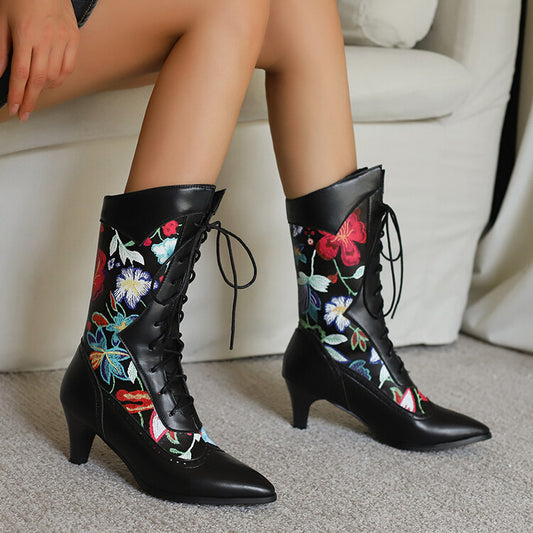 Women's Flowers Printed Lace-Up Pointed Toe Spike Heel Riding Boots