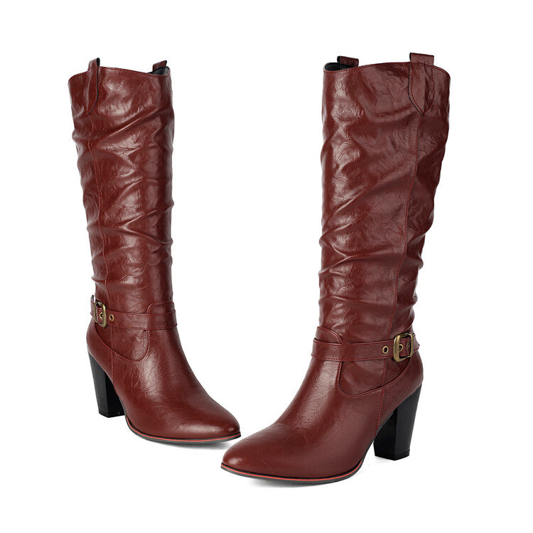 Women's Buckle Strap Pointed Toe Block Heel Knee High Western Boots