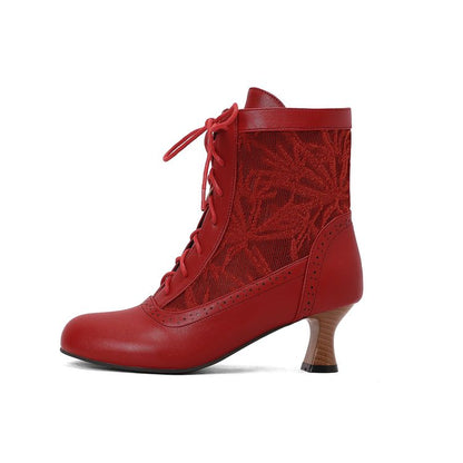 Women's Embroider Lace-Up Round Toe Hoof Heel Ankle Boots