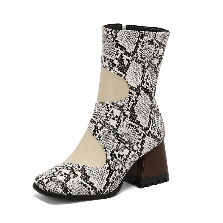 Women's Patchwork Square Toe Block Heel Ankle Boots