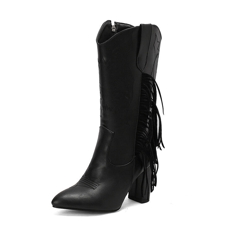 Women's Tassel Pointed Toe Block Heel Knee High Western Boots