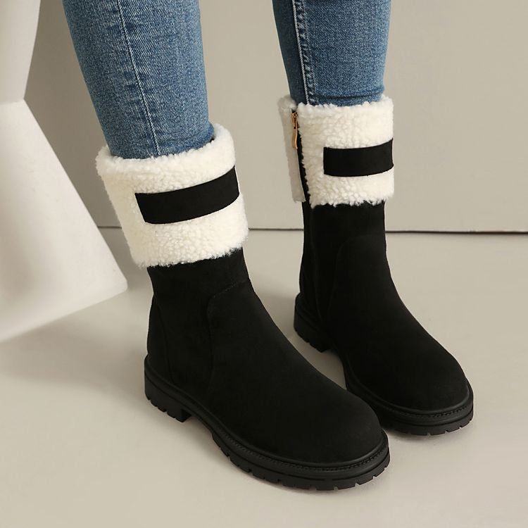 Women's Patchwork Plush Flat Mid Calf Snow Boots