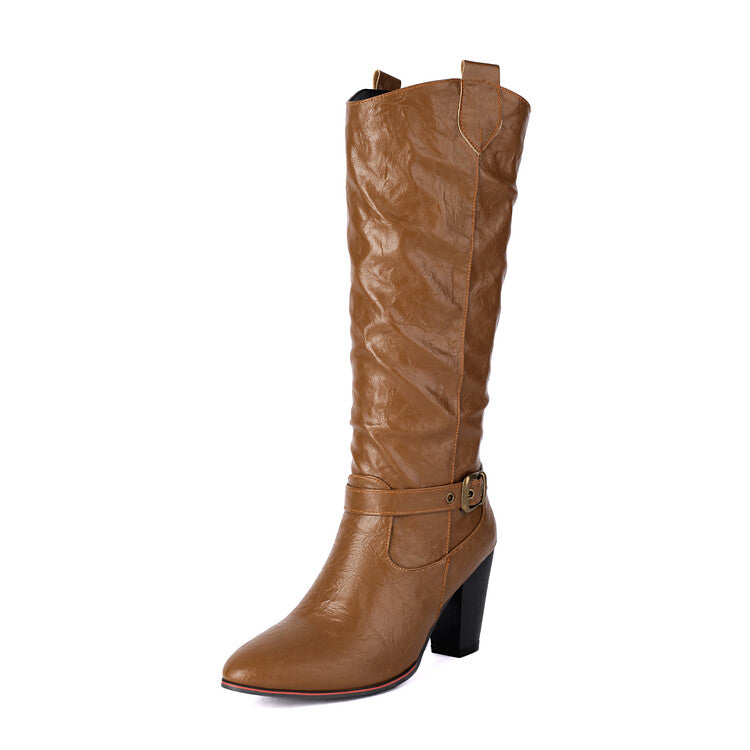 Women's Buckle Strap Pointed Toe Block Heel Knee High Western Boots
