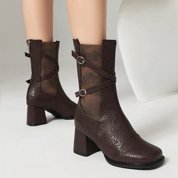 Women's Patchwork Buckle Strap Round Toe Block Heel Mid Calf Boots
