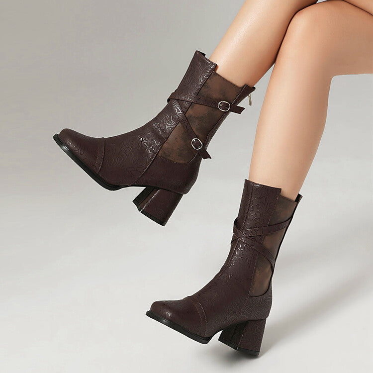 Women's Patchwork Buckle Strap Round Toe Block Heel Mid Calf Boots