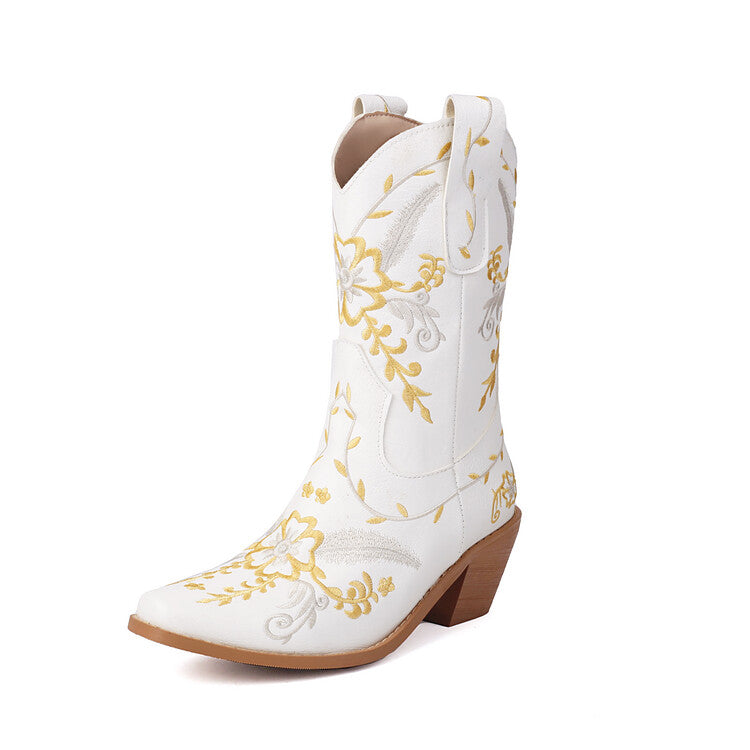 Women's Embroider Sequins Block Heel Mid Calf Western Boots