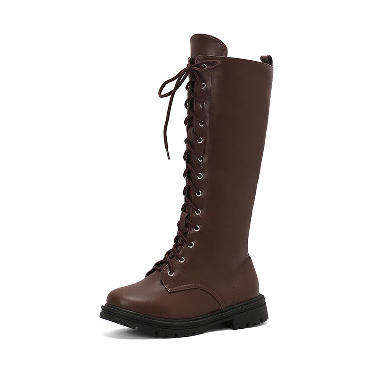 Women's Lace-Up Round Toe Flat Platform Knee High Boots