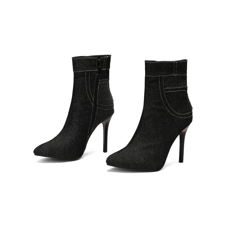 Women's Patchwork Pointed Toe Thin Heel Short Boots