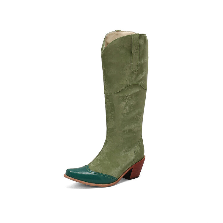 Women's Patchwork Pointed Toe Block Heel Knee High Western Boots