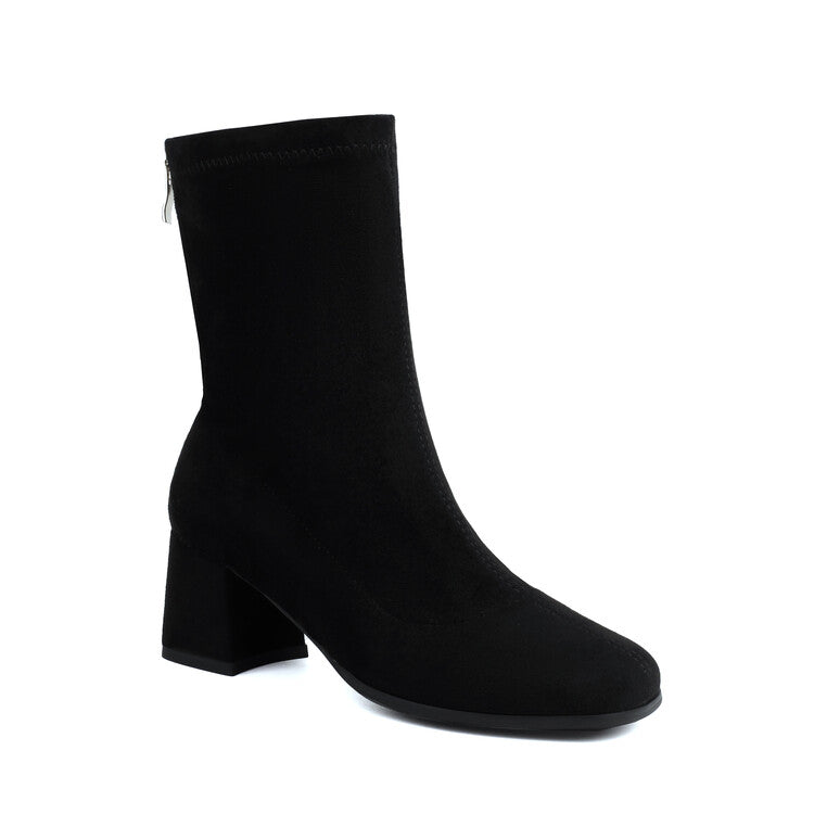 Women's Velvet Square Toe Block Heel Short Boots