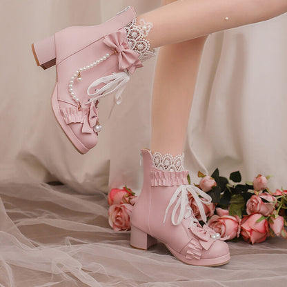 Women's Lace Bows Round Toe Block Heel Platform Ankle Boots