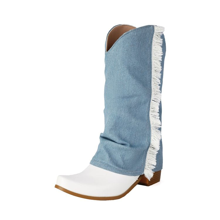 Women's  Patchwork Tassel Pointed Toe Square Heel  Western Boots