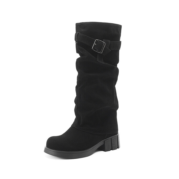 Women's Pleated Buckle Strap Low Heel Platform Mid Calf Boots