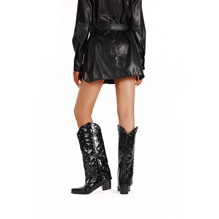 Women's Rivets Block Heel Mid Calf Boots