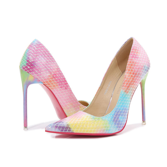 Ladies Candy Color Pointed Toe Lattice Shallow Stiletto Heel Pumps