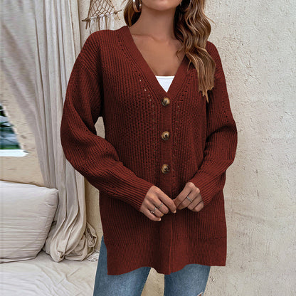 Cardigans Kniting Plain Cuts Buttons Long Sleeves for Women