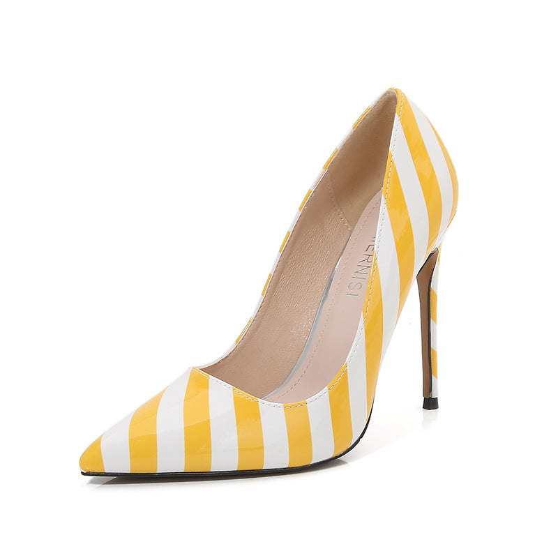 Ladies Stripes Pointed Toe Shallow Stiletto Heel Pumps