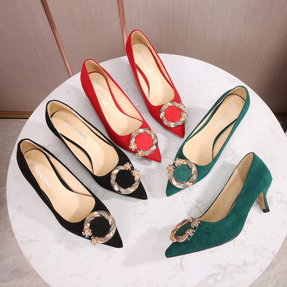 Ladies Pointed Toe Metal Buckles Shallow Kitten Heel Pumps