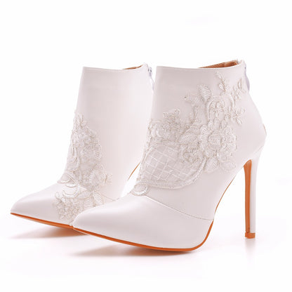 Women Stiletto Heel Pointed Toe Lace Wedding Short Boots